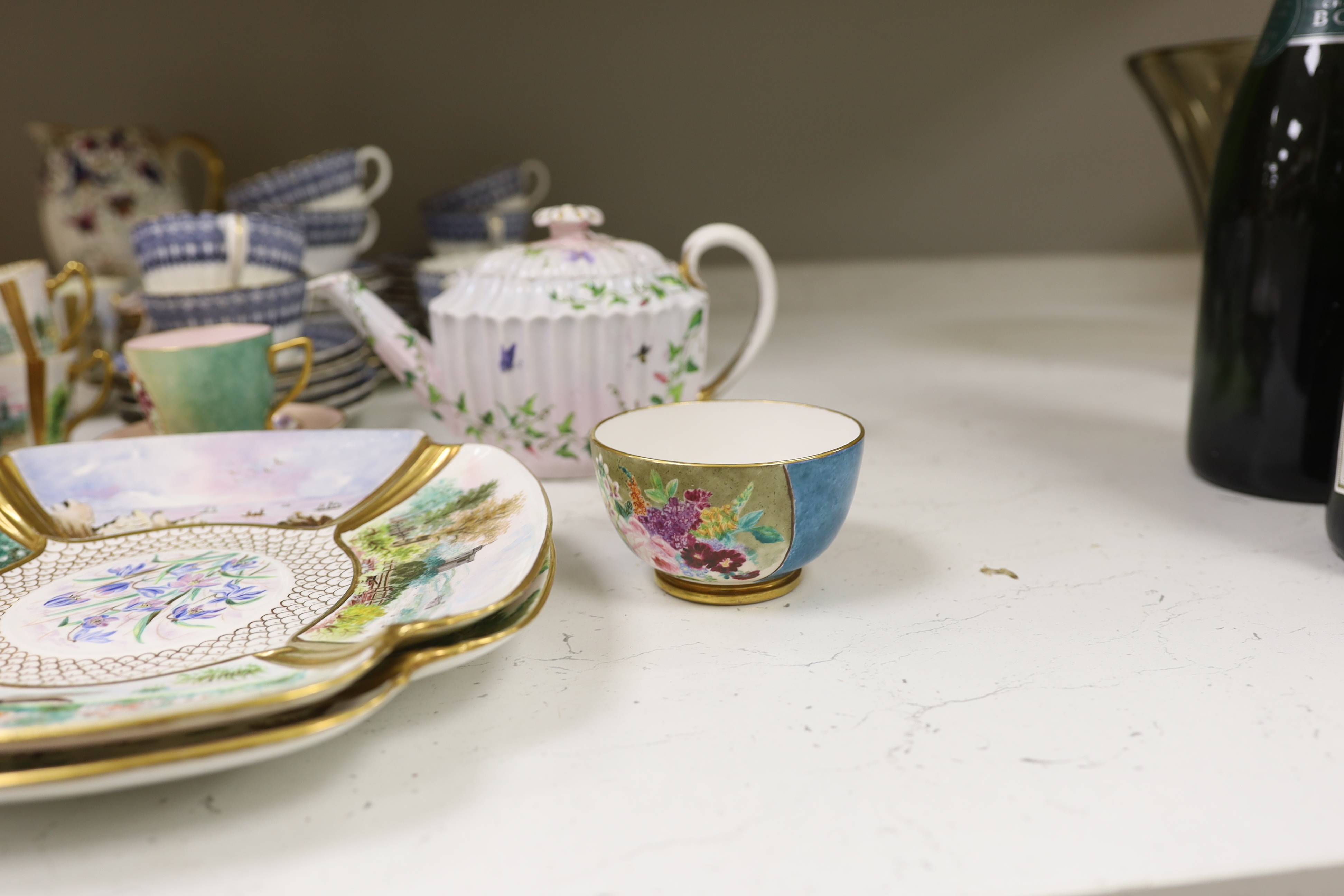 A Copeland Spode porcelain part tea set and two dishes, painted with scenes after Birkett Foster, a blue and white teaset and other teaware, Copeland Spode dishes 25cm wide